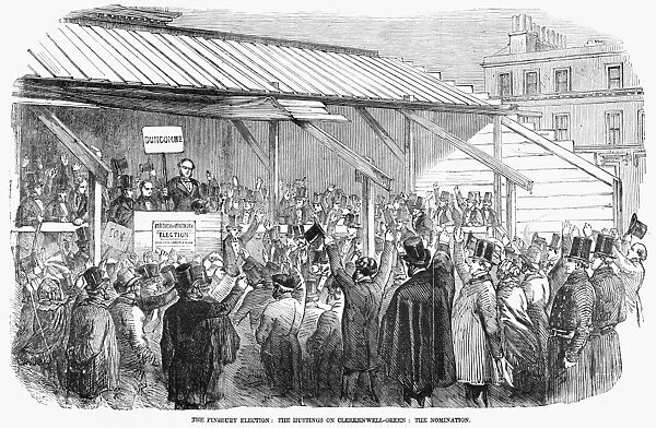 ENGLAND: ELECTION, 1857. The Finsbury election: The hustings on Clerkenwell Green