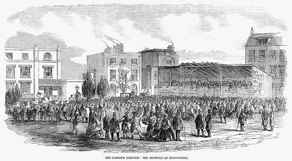 ENGLAND: ELECTION, 1857. The Lambeth election: The hustings at Kennington. Engraving