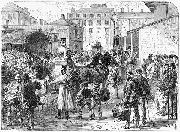 ENGLAND: ELECTION, 1868. The general election: voters coming to the poll. Engraving