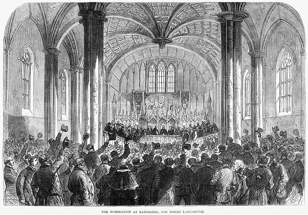 ENGLAND: ELECTION, 1868. The nomination at Lancaster, for North Lancashire. Engraving