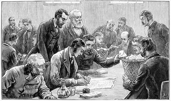 ENGLAND: ELECTION, 1880. Counting the votes at the Southwark election. Engraving