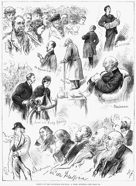 ENGLAND: ELECTION, 1880. Sketch of the Liverpool election: A ward meeting. Engraving