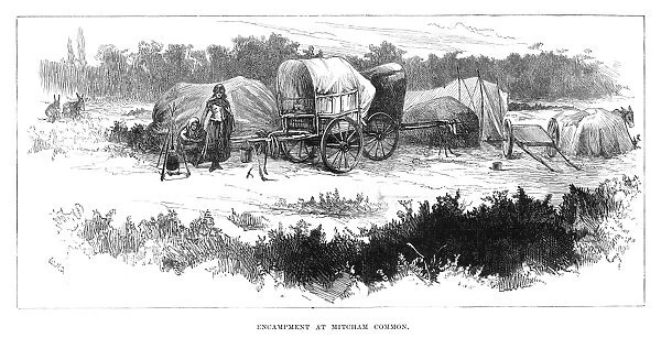 ENGLAND: GYPSY CAMP, 1880. Gypsy encampment at Mitcham Common, near London, England