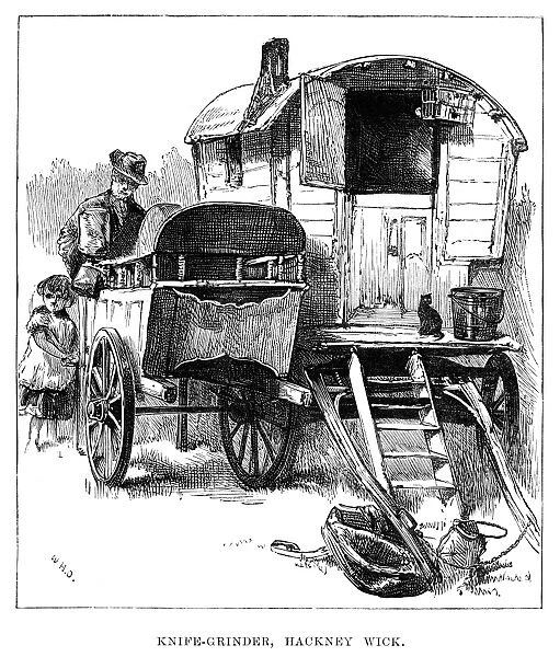 ENGLAND: GYPSY CAMP, 1880. A knife-grinder at a gypsy encampment at Hackney Wick, London, England
