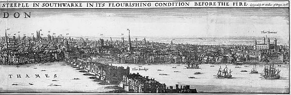 ENGLAND: LONDON, c1650. Detail from Wenceslaus Hollars view of London before the Great Fire of 1666, showing London Bridge spanning the Thames River and the Tower of London on the right