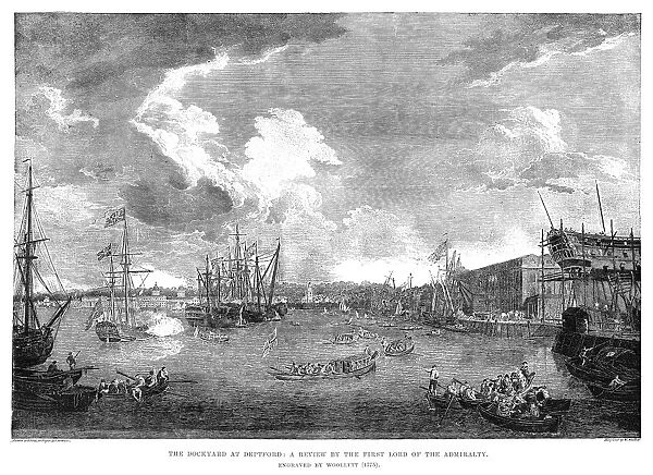 ENGLAND: NAVAL REVIEW, 1775. The Dockyard at Deptford: A Review by the First Lord