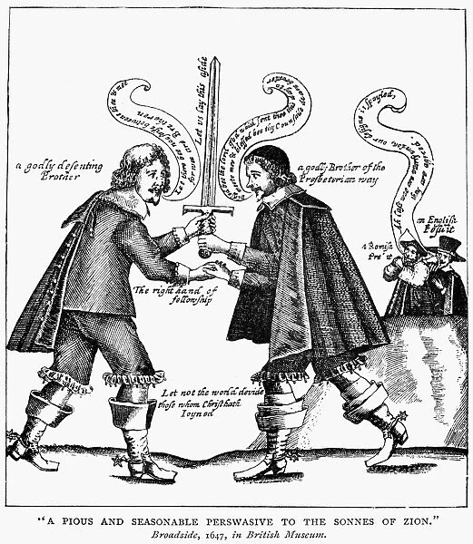 ENGLAND: PURITANS, 1647. A religious dissenter (Puritan) and a Presbyterian agree to lay aside the sword. Broadside engraving, 1647