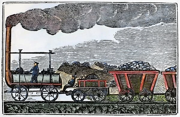 ENGLAND: RAILROAD, 1835. A train transporting coal on the Liverpool and Manchester Railway in England. Wood engraving, American, c1835