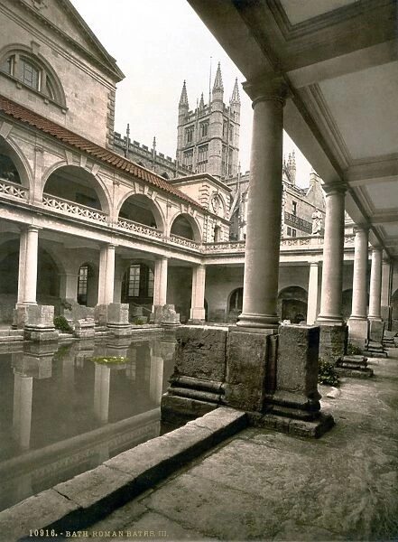 ENGLAND: ROMAN BATHS. Ruins of ancient Roman baths and the abbey at Bath, England. Photochrome, c1890