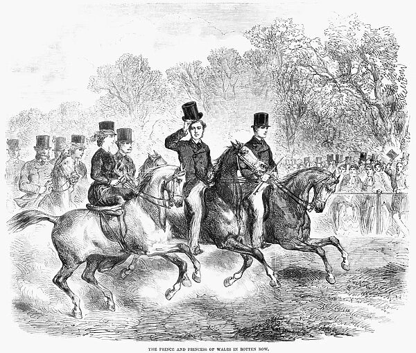ENGLAND: ROTTEN ROW, 1863. Edward VII, Prince of Wales and his wife, Princess Alexandra of Denmark, riding in Rotten Row in London, England. Wood engraving, English, 1863
