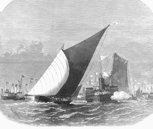 ENGLAND: SAILING RACE, 1870. Sailing-Barge Race on the Thames: Rounding at the Nore. Wood engraving, English, 1870