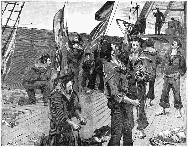ENGLAND: SAILORS, 1885. Dressing an ironclad with flags at Spithead in honour