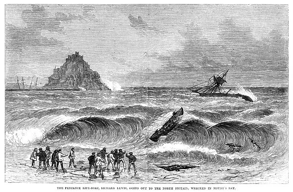 ENGLAND: SHIPWRECK, 1868. The Penzance lifeboat, Richard Lewis, going out to the North Britain