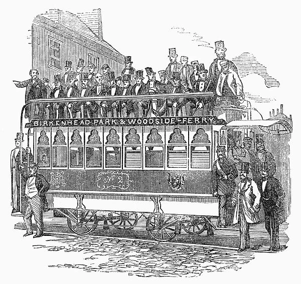 ENGLAND: STREETCAR, 1860. Street railway carriage, running at Birkenhead. Line engraving