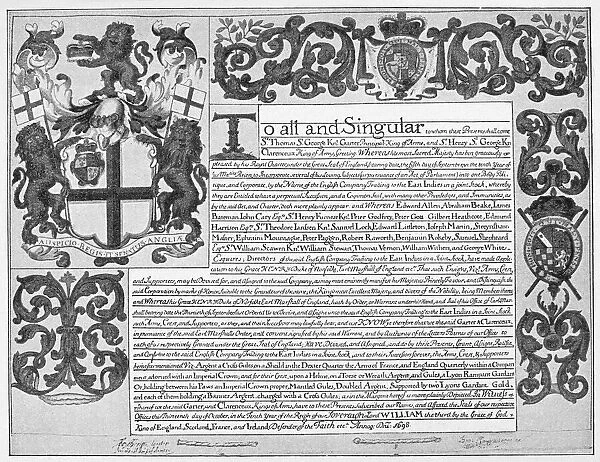ENGLAND: TRADE CHARTER. Act of Parliament, 13 October 1698, establishing the English