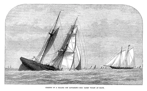 ENGLAND: YACHTING, 1873. A collier yacht sinking, with the yacht Violet behind it
