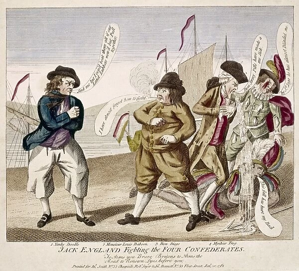 ENGLANDs WAR, 1781. Jack England fighting the four Confederates. English cartoon