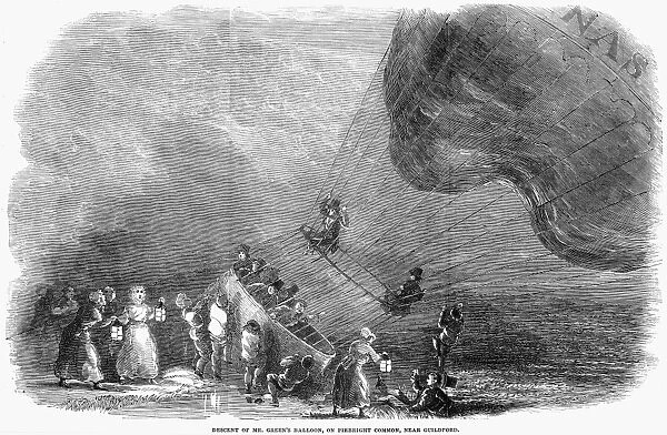 The English balloonist Charles Green at the successful conclusion of his 500th ascent in his Royal Nassau balloon, 12 August 1852. Wood engraving from a contemporary English newspaper