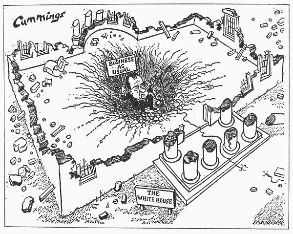 English cartoon by Michael Cummings, 1973, on the damage to the administration of U. S. President Richard Nixon resulting from the Watergate scandal