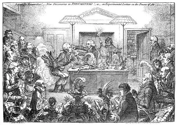 English chemist. Humphry Davy assisting Dr. Thomas Garnett at the Royal Institution with an experiment in pneumatics on Sir J. C. Hippesley, who is considerably embarrassed by the active effects of air. At right stands Benjamin Thompson, Count Rumford. Caricature engraving, 1802, by James Gillray