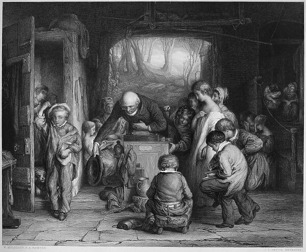 ENGLISH ELEMENTARY SCHOOL. The Last In. Steel engraving, English, mid-19th century, after the painting by William Mulready (1786-1863)
