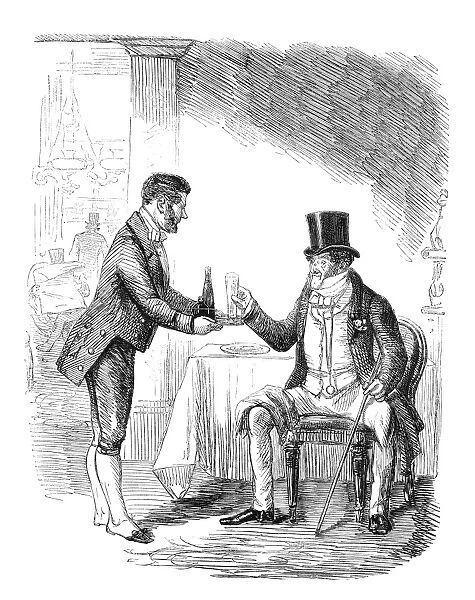 An English gentleman being served a drink at his club: wood engraving from Punch, c1855