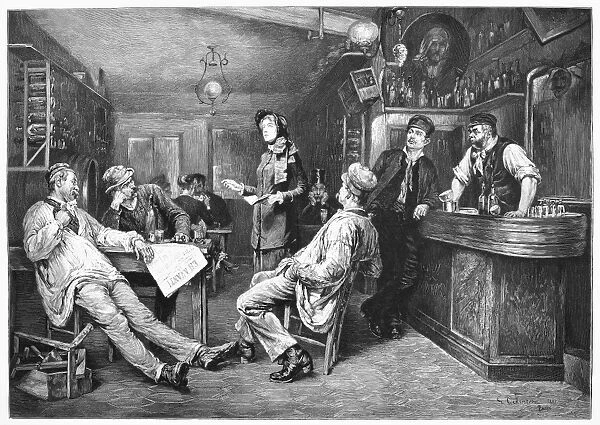 An English Lady-Preacher of the Salvation Army in a Swiss Tavern. Line engraving, English, after G. Cederstr├Âm