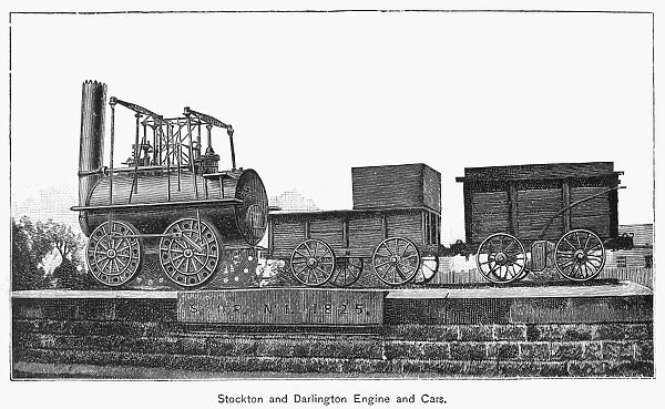 ENGLISH LOCOMOTIVE, 1825. Engine and cars of the Stockton and Darlington Railway at the time it began service in 1825. Wood engraving, American, late 19th century