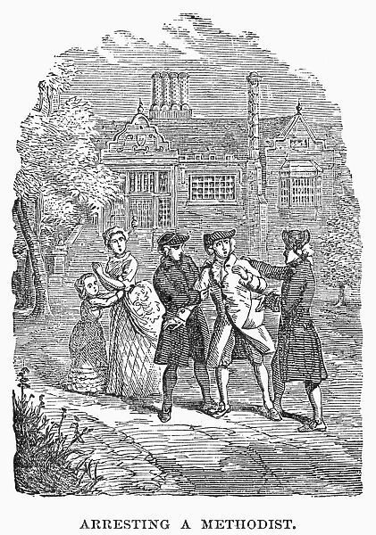 An English Methodist preacher is arrested during the American Revolutionary War. Wood engraving, late 19th century