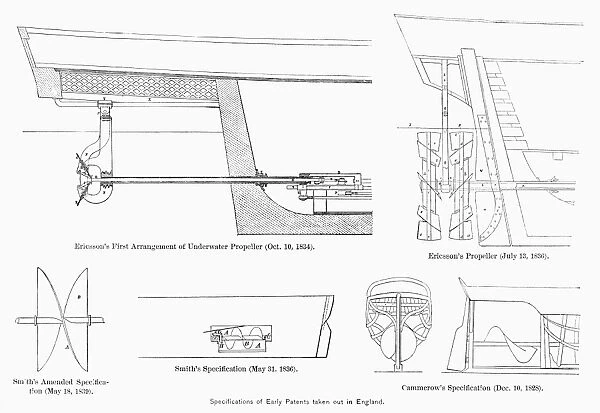 ENGLISH PATENT DRAWINGS. Specifications of patent drawings taken out in England in the 1820s and 1830s, among them John Ericssons first underwater propeller of 1834