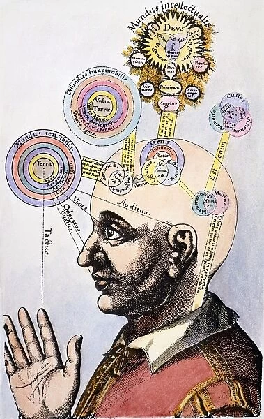 English physician and Rosicrucian. Human mental abilities classified in terms of God and the universe. Colored engraving from Fludds 17th century treatise, Utriusque Cosmi