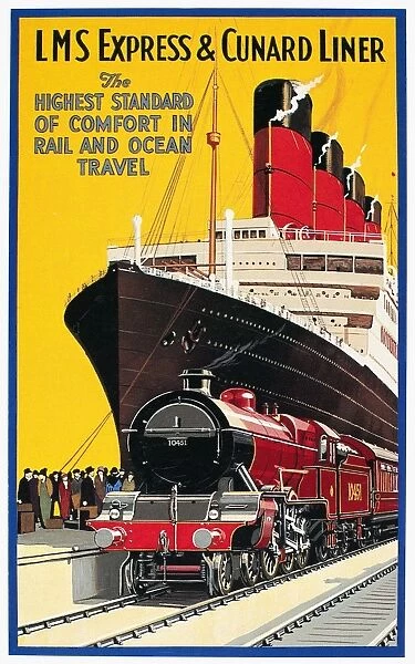 English poster, c1930, for LMS Express and Cunard Line, rail and ocean travel