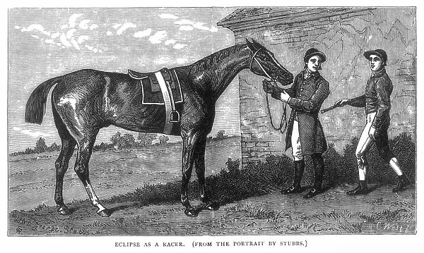 English racehorse. At Newmarket with a groom and jockey: wood engraving, 19th century, after the painting, c1770, by George Stubbs
