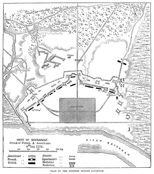 Engraved map, 19th century, of the Siege of Savannah, Georgia, during the American Revolutionary War