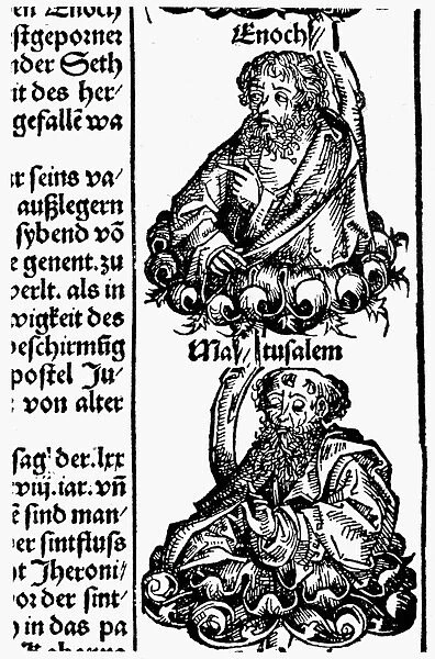 ENOCH AND METHUSALEH. Enoch and his son Methusaleh. Woodcut from the Nuremberg Chronicle