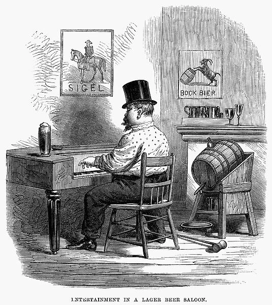 Entertainment in a Lager Beer Saloon in New York City. Wood engraving, 1864