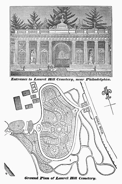 Entrance and ground plan of Laurel Hill Cemetery, founded in 1836, near Philadelphia, Pennsylvania. Wood engraving, 1837