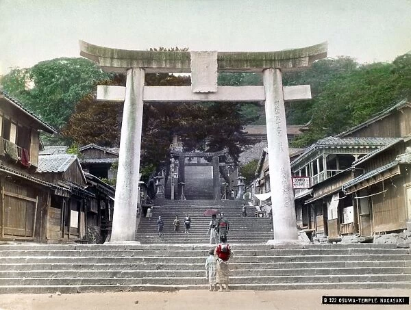 The entrance to Osuwa Temple, Nagasaki. Tinted photograph, c1900