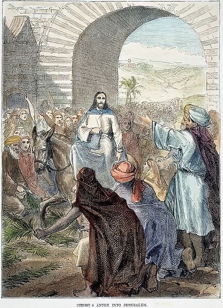 The entry of Jesus into Jerusalem (Matthew 21: 8, 9). Wood engraving, American, 19th century