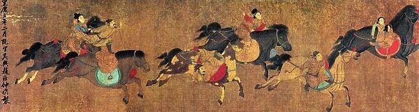 Equestrian acrobats in a Mongol circus. Left detail of a painted silk handscroll, Yuan or early Ming Dynasty, 13th-15th century, after Chao Meng Fu (1254-1322)