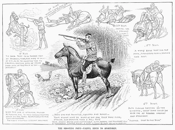 EQUESTRIAN HUNTING, 1884. The shooting pony: useful hints to sportsmen. Illustration from an American newspaper, 1884