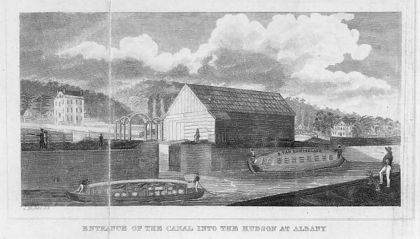 ERIE CANAL, 1825. Entrance of the canal into the Hudson at Albany, New York. Line engraving, 1825