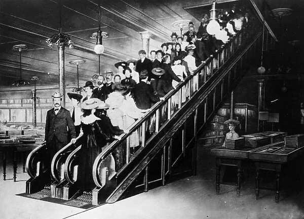 ESCALATOR, 1903. Otis duplex cleat type escalator installed in 1903 at the R. H