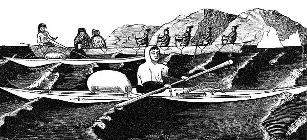ESKIMOS, 19th CENTURY. In the background, the umiak, a large skin-boat used for transport or travel, and in the foreground, the kayak or skin-canoe used for hunting. Wood engraving, 19th century