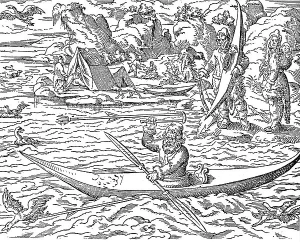 ESKIMOS HUNTING, 1580. Eskimos hunting sea birds. Woodcut, German, 1580