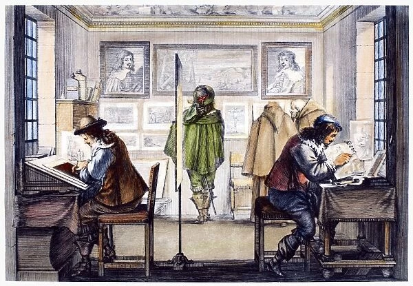 ETCHER AND ENGRAVER, 1643. An etcher and an engraver at work in a French copperplate workshop