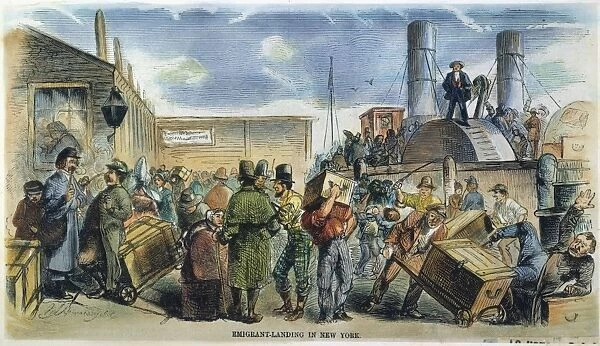 EUROPEAN IMMIGRANTS, NYC. Arriving in New York City: colored engraving, 1858