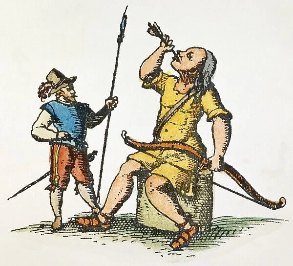 A European watches a Patagonian giant swallowing an arrow to cure his stomach ache. Line engraving, 1602