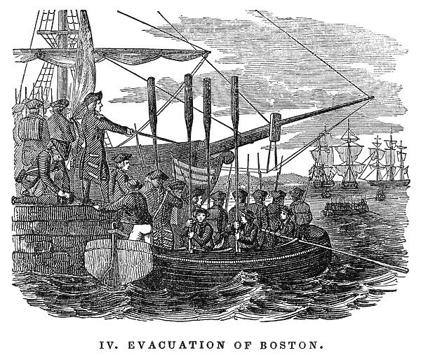 Evacuation of Boston by British forces during the American Revolution, 17 March 1776. Wood engraving, 19th century