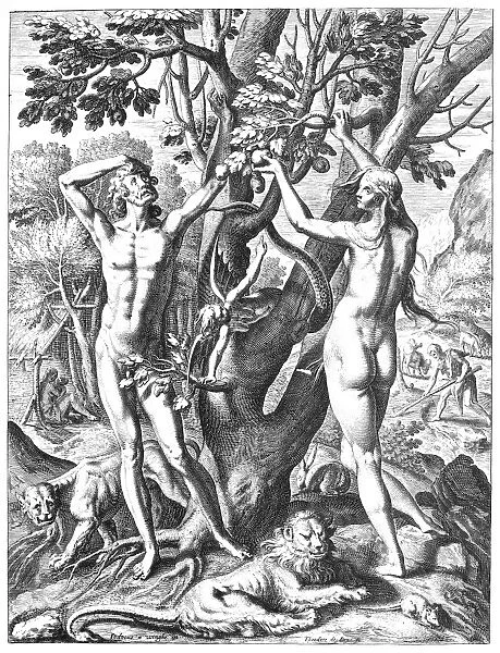 EVE OFFERING APPLE TO ADAM. Line engraving, 1590, by Theodor de Bry